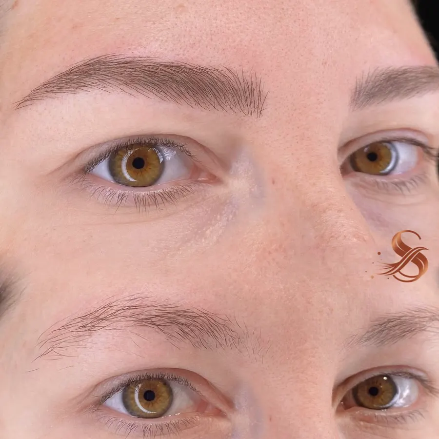 Antes e depois de nanofios: sobrancelha rala preenchida com fios realistas